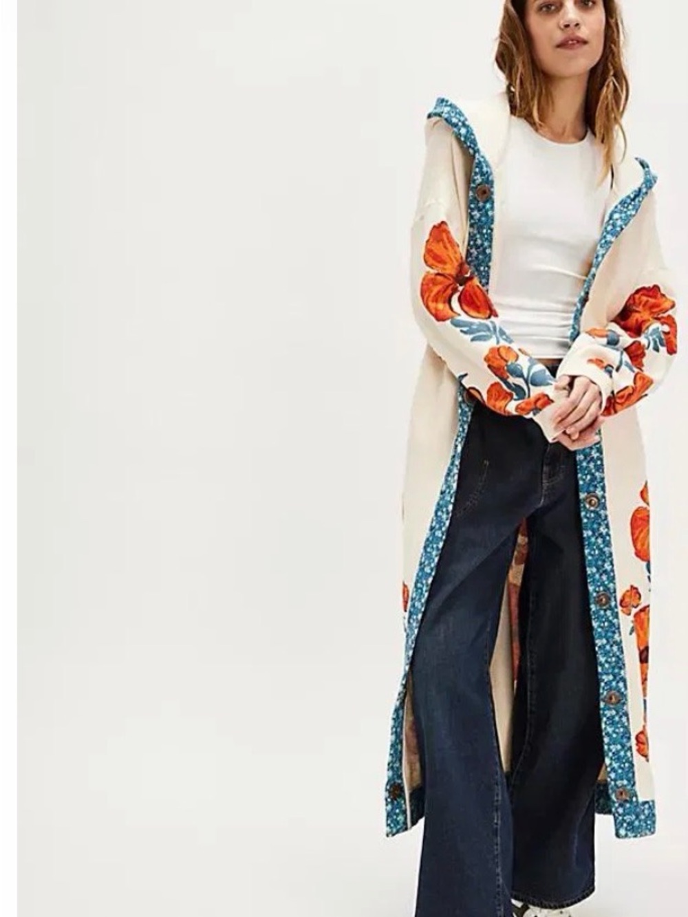 Free People Cream Super Bloom Hooded Floral Cardi with Orange Blooms 🔥 Size M - Picture 2 of 3